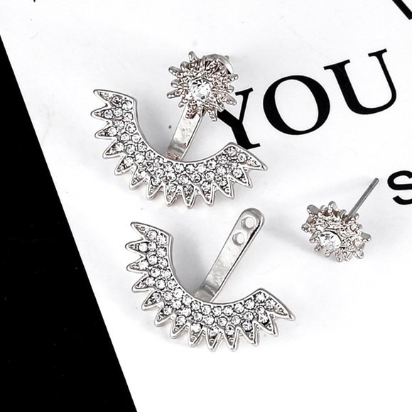 Silver Crystal Studs w/ Earring Jackets - Picture 5 of 7